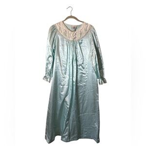 Vintage Light Teal Satin Full Length Traditional Night Gown Size M Cottagecore